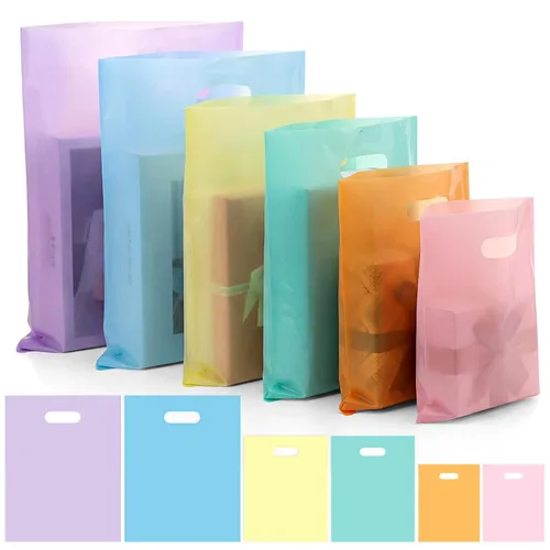 Vista 6 de Saintrygo 120 bolsas de compras negras de 2.36 mil con asas de 6 x 8/8 x 12/10 x 14 pulgadas, bolsas de plástico reutilizables para regalo, bolsas