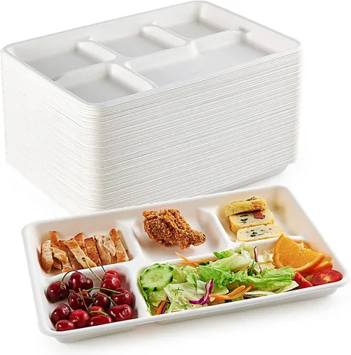 Vista 8 de ECOLipak Platos 100% compostables de 5 compartimentos, paquete de 125 platos de papel desechables, platos de caña de azúcar biodegradables de alta