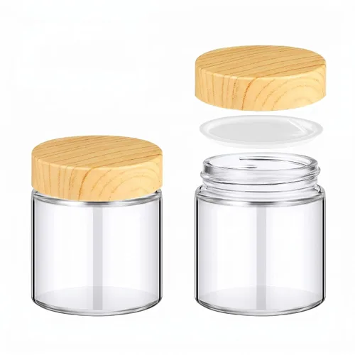 Vista 14 de Norme 120 tarros de vidrio de 4 onzas con tapas, recipientes de vidrio vacíos con tapas de grano de madera y revestimientos interiores