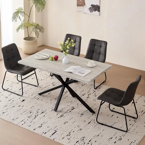 Vista 10 de Dining Table Set for 4, Modern 55" Brown Wood Grain Kitchen Table with 4 Stackable Dining Chairs, Faux Leather, for Dining Living Room Apartment