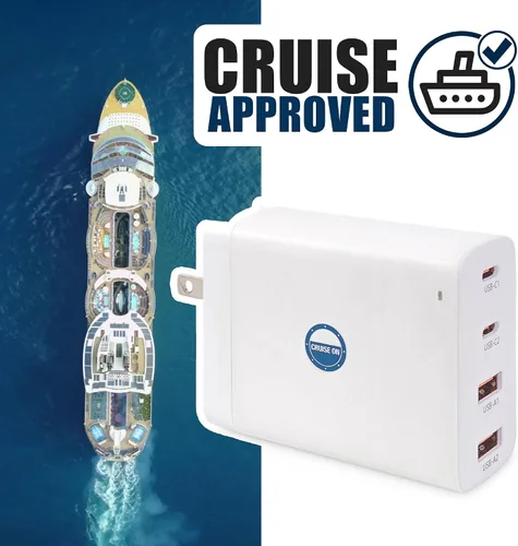 Vista 2 de Regleta de alimentación aprobada para cruceros (Royal Caribbean, Disney y más) – Cargador sin sobretensión [2 USB, 2 USB-C] Bloque de carga de 4