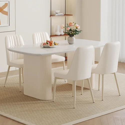 Vista 7 de Juego de mesa de comedor blanca para 4, juego de mesa de comedor de mármol de 67 pulgadas con mesa ovalada blanca crema de 3.5 pulgadas de grosor