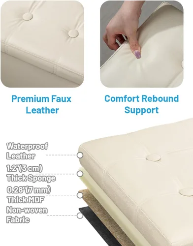 Vista 6 de AmasSmile Otomán de Almacenamiento Plegable Reposapiés con Bolsillo Lateral, Banco Reposapiés de Cuero de 16 pulgadas, Banco Otomán Corto