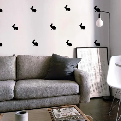 Vista 2 de Juego de 12 calcomanías de vinilo para pared, conejos, 4 x 4 pulgadas, divertidos conejos para el hogar, dormitorio, sala de estar, apartamento