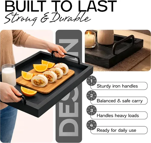 Vista 3 de Besti Bandejas rústicas vintage para servir comida (juego de 2) Tabla de madera anidable con asas de metal Elegantes bandejas de servir