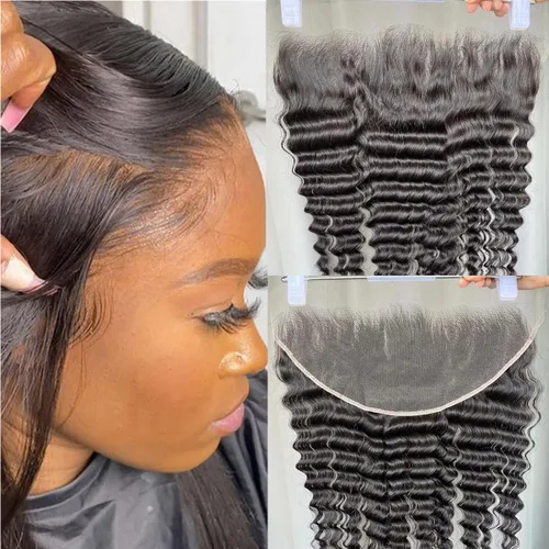 Vista 10 de 13x4 Frontal de encaje ondulado del cuerpo, frontal de encaje suizo transparente HD invisible prearrancado con cabello de nacimiento de grado 12A