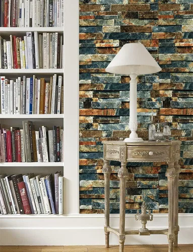 Vista 5 de Papel tapiz de ladrillo sintético para despegar y pegar, azul/rojo óxido, impermeable y extraíble, papel de contacto autoadhesivo para decoración