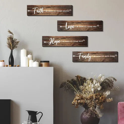 Vista 6 de 4 letreros de madera rústica con texto en inglés «Faith Love Hope», «Make All Things Possible», «Easy Work Living» para decoración de pared