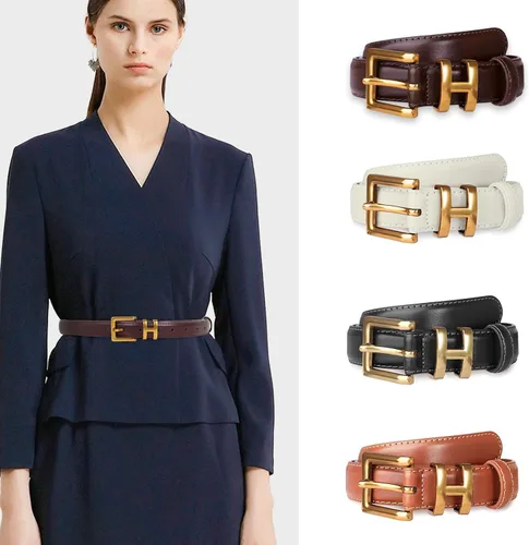 Vista 122 de Cinturón de cuero clásico con hebilla de metal para mujer con vestido de jeans