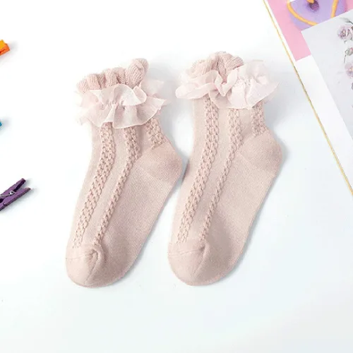 Vista 5 de Colorful Childhood Calcetines de encaje con volantes y ojales para bebés y niñas pequeñas, calcetines cortos de doble encaje para recién nacidosbebés
