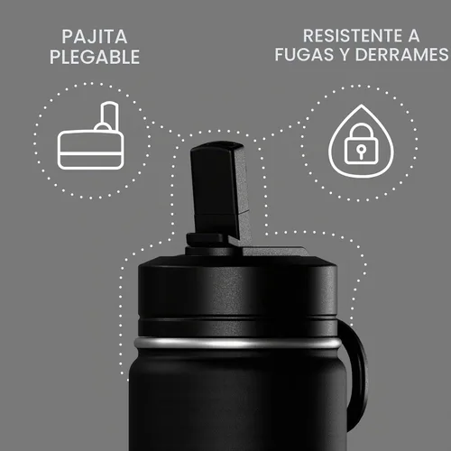 Vista 2 de Hydrapeak Mini botella de agua de 14 onzas con tapa con popote, aislamiento de doble pared de acero inoxidable Botella a prueba de fugas y Negro