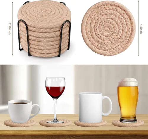 Vista 5 de Posavasos tejidos de algodón con soporte, juego de 8 posavasos absorbentes para protección de mesa, decoración del hogar, gafas, tazas, bar, regalo