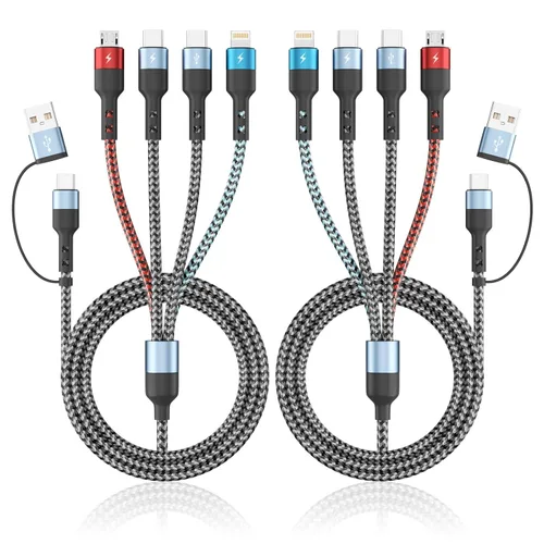 Vista 14 de Cargador de teléfono de 90 grados, cable de carga múltiple 4 en 2, cable USB C CarPlay con doble tipo C, micro USB, puerto IP, cable USBC de nailon