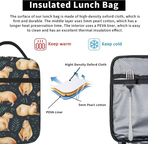 Vista 6 de Capybara - Lonchera con diseño de hojas para niños y niñas, lonchera reutilizable con bolsillo lateral, lonchera para niñas y adolescentes, bolsa