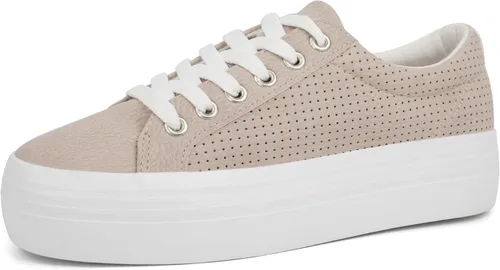 Vista 12 de JABASIC Zapatillas de plataforma con cordones para mujer, zapatillas casuales cómodas de moda para caminar Todo blanco