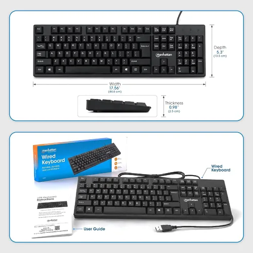 Vista 8 de Manhattan Teclado de computadora con cable – Teclado negro básico – con cable USB-A de 4.5 pies, 104 teclas, soportes plegables – Compatible