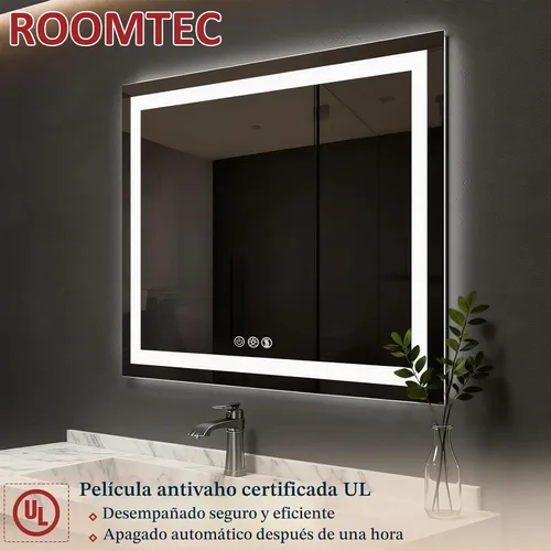 Vista 8 de ROOMTEC Espejo de baño LED de 36 x 24 pulgadas con parte delantera y retroiluminada, antiniebla, 3 colores y luz regulable (horizontal/vertical)