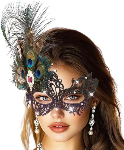 Vista 9 de Máscara de mascarada de strass Campsis, máscara de bola de mascarada verde, máscaras de fiesta con plumas para mujeres