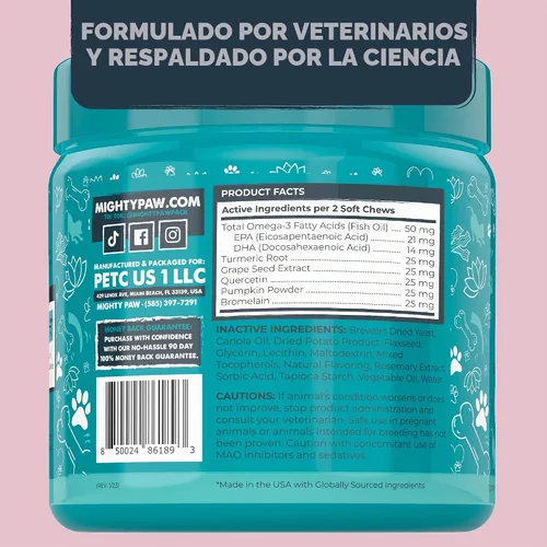 Vista 5 de Mighty Paw Waggables Allergy Immune + Itch (fabricado en los Estados Unidos) Paquete de 2 masticables para perros antipicazón para perros. Vitaminas
