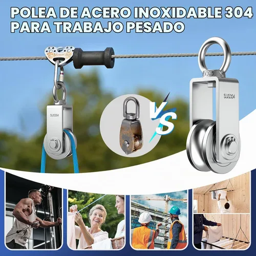 Vista 6 de Bloque de polea giratoria tipo U, poleas de acero inoxidable 304 para elevación de cable de cuerda de alambre, parte de equipo de gimnasio DIY