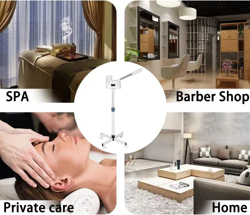 Vista 6 de Vaporizador facial con spray de niebla caliente, vaporizador esteticista para salón, spa y hogar, vaporizador facial de soporte sobre ruedas, taza