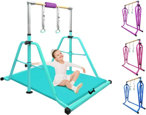Vista 19 de Foldable Gymnastics Kip Bar with Rings & Bar Pad, 3 FT–5 FT Adjustable Horizontal Bar for Kids, 7-Level Height, 300 LBS Weight Capacity, Indoor Home