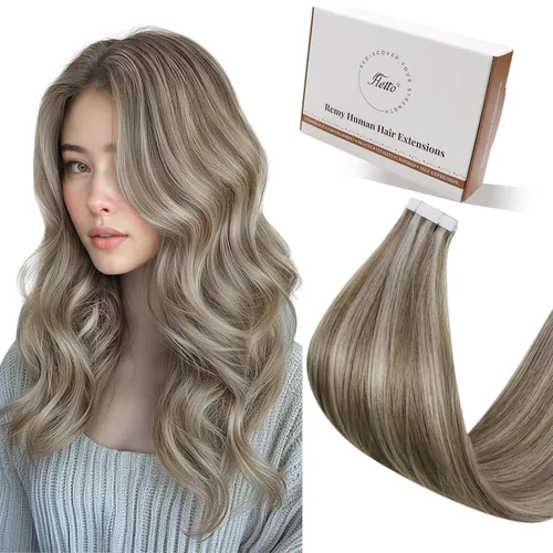 Vista 39 de 【Descuento】Hetto - Extensiones de cabello con cinta adhesiva, 40g, extensiones de cabello humano, color rubio ceniza oscuro degradado a rubio medio