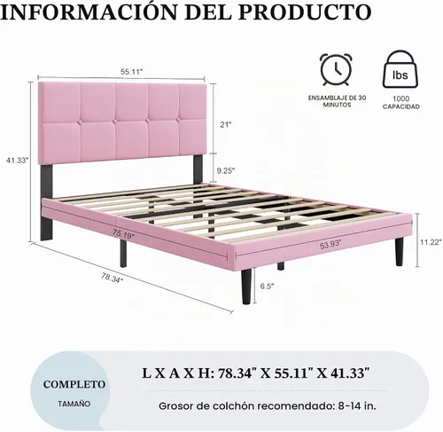Vista 2 de Base de cama de plataforma de terciopelo de tamaño matrimonial con cabecera tapizada y soporte de listones resistentes, diseño con botones,