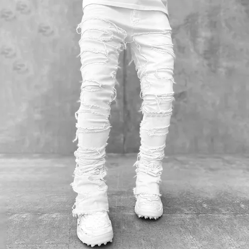 Vista 2 de Mxiqqpltky Jeans apilados para hombre, ajustados, rectos, negros, rasgados, ajustados, desgastados, pantalones de mezclilla destruidos, ropa de calle