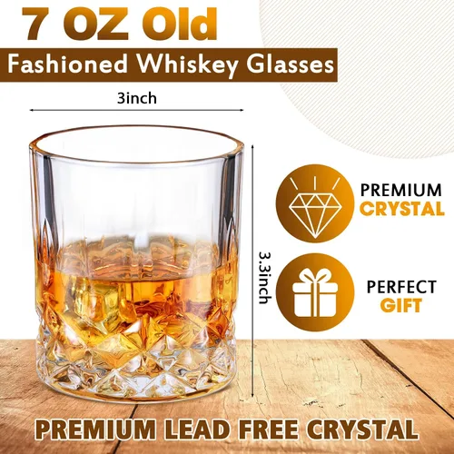 Vista 2 de Yaomiao 12 piezas de vasos de whisky de estilo antiguo de 7 oz con base pesada, vasos de bourbon de vidrio para cócteles, vasos de rocas