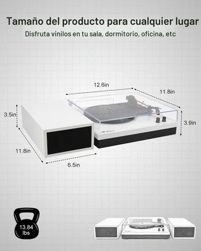 Vista 7 de Reproductores de discos de vinilo con 2 altavoces externos y tocadiscos Bluetooth, color blanco 01-Cuero blanco