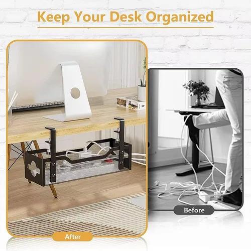Vista 6 de Paquete de 2 bandejas para organizar cables debajo del escritorio, organizador de cables de 13.38 pulgadas sin taladros, organizador de cables