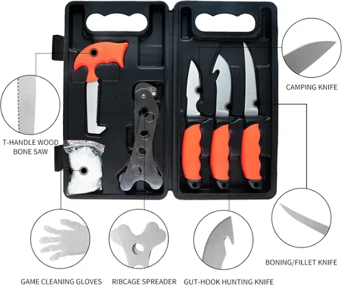 Vista 2 de Game Processor - Juego de cuchillos de caza de 7 piezas Cuchillos de capado y deshuesado, cuchillo desollador con gancho para vísceras, sierra