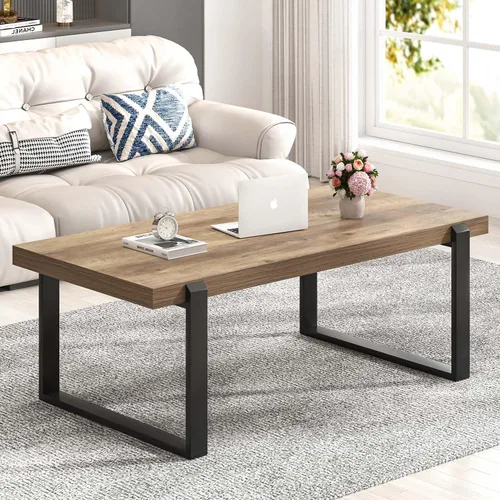 Vista 14 de FOLUBAN Mesa de café negra, mesa central moderna de madera y metal industrial, mesa rectangular de cóctel y té para sala de estar, 47 pulgadas