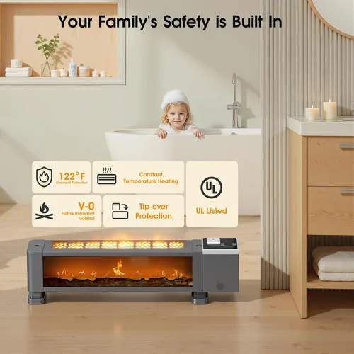 Vista 6 de Calentador eléctrico de zócalo de 1800 W con control remoto, calentador de espacio 3 en 1 con humidificador y rejilla de secado y llama 3D