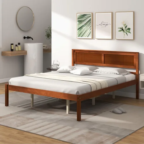 Vista 3 de Giantex Cama de plataforma de madera Queen con cabecero, marco de cama de madera maciza de mediados de siglo con soporte de listones de madera, base