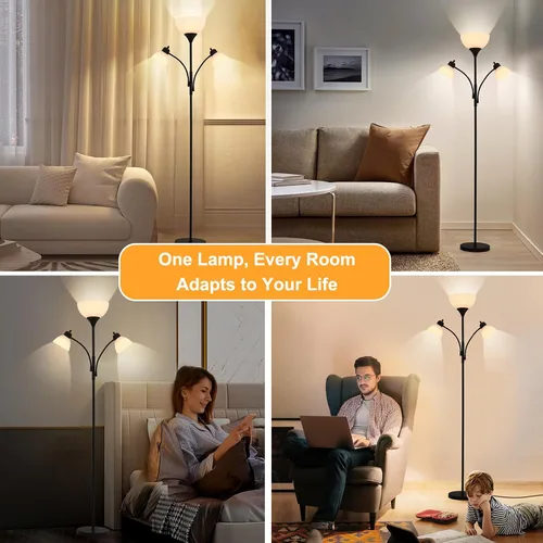 Vista 6 de Lámparas 3 en 1 para sala de estar, lámpara de pie con 2 luces de lectura ajustables, lámparas de pie con atenuación continua, 3 bombillas LED