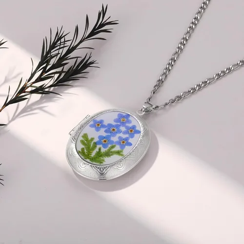 Vista 83 de Forget-Me-Not and Queen Anne's Lace Pressed Wildflower Necklace Birth Month Real Flower Necklace Gold/Silver Pressed Flower Jewelry