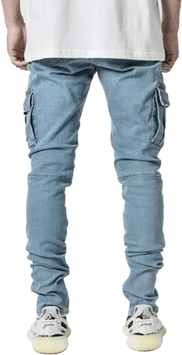 Vista 3 de HUNGSON Pantalones de mezclilla elásticos ajustados para hombre, jeans ajustados rasgados para hombre, pantalones de pierna recta desgastados