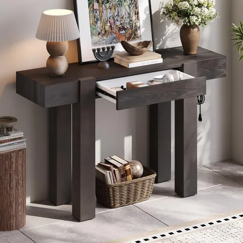 Vista 19 de Mesa de consola de entrada, sofá largo estrecho para pasillo, mesa de vestíbulo detrás del sofá, retro con cajón oculto, toma de corriente lateral