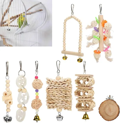 Vista 7 de Natural Wooden Parrot and Bird Toys Set Climbing Chew Toys 8 Pack with Swing Cage