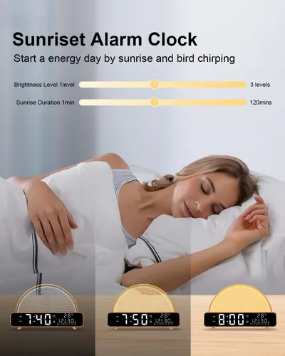 Vista 2 de HAODINGMAI – Reloj despertador con simulación de amanecer, luz para despertar con sonido de ruido blanco, control táctil, lámparas de mesita