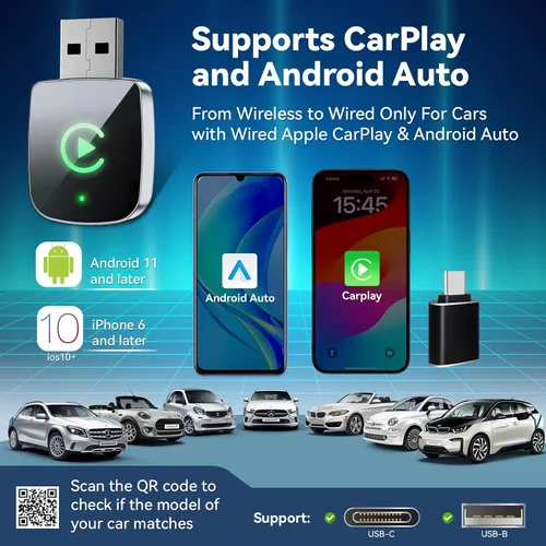 Vista 5 de Adaptador Inalámbrico CarPlay 2026 Mejorado para iPhone, 2 en 1 para Apple CarPlay y Android Auto, Convierte Cableado a Inalámbrico, Plug & Play