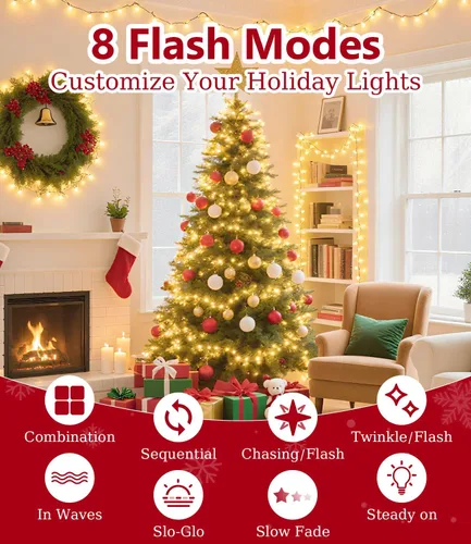 Vista 2 de Tira de luces de Navidad de 1000 LED de color blanco cálido de 49 pies para exteriores, con 8 modos, impermeable IP44, enchufable, para árbol