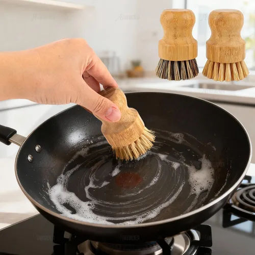 Vista 6 de AUEAR, Cepillo de bambú natural para fregar platos, cepillos de limpieza para ollas, cerdas de coco para sartenes de hierro fundido