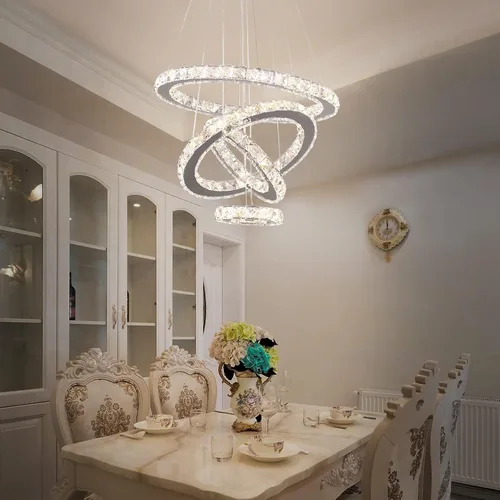 Vista 8 de Candelabros de cristal modernos con anillos LED, luz colgante ajustable, lámpara de techo de acero inoxidable para sala de estar, comedor y Blanco
