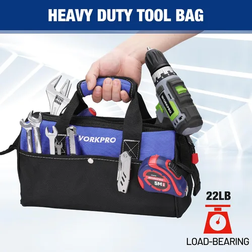 Vista 3 de WORKPRO Bolsa de herramientas de 13 pulgadas de boca ancha, bolsa de herramientas portátil con bolsillos interiores para almacenamiento