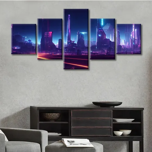 Vista 126 de Cuadros de 5 paneles de Cyberpunk City, arte de pared, representación de vallas publicitarias, edificios modernos en la capital con obras de arte