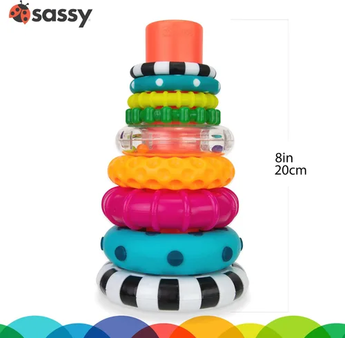Vista 10 de Anillo de apilado de pilas de círculos de Sassy, juguete de aprendizaje STEM, a partir de 6 meses, multicolor, juego de 9 piezas
