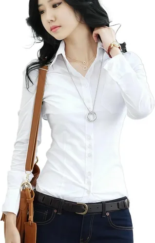 Vista 9 de Camisa clásica con botones y bolsillos, blusa de manga larga con cuello para mujer